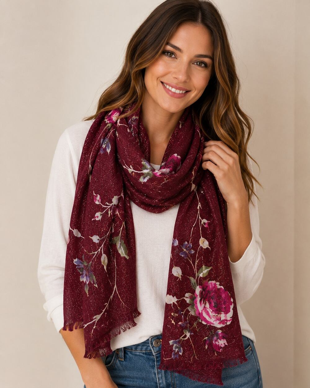 Collection Eighteen Floral Scarf Burgundy Metallic Fringed